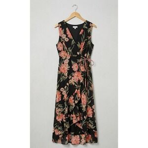 Luxology Black Floral High Low Faux Wrap Dress Lurex Shimmer Womens Large L New